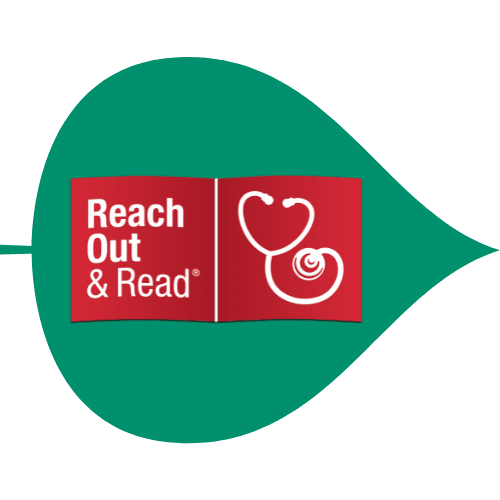 ReachOutandRead Leaf Graphic with a green leaf and the Reach out & Read logo.