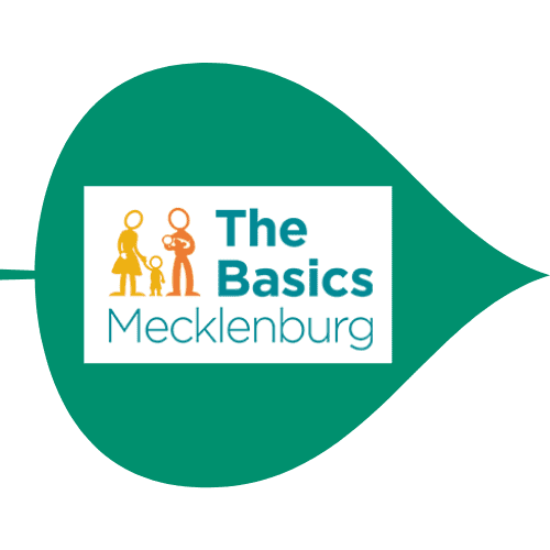 The Basics Leaf Graphic with green leaf and The Basics Mecklenburg logo.