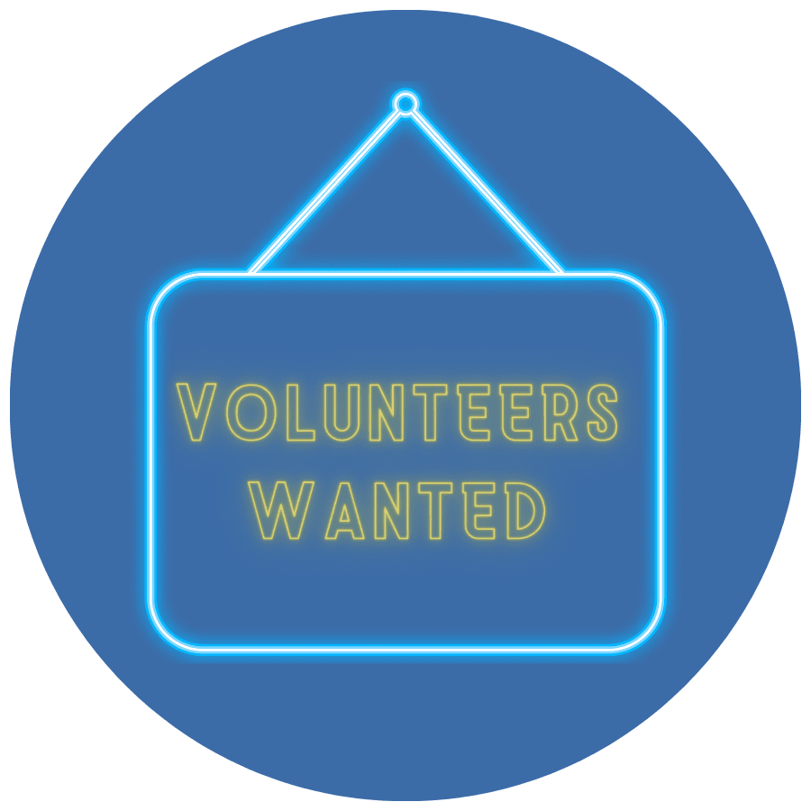 Graphic of sign that says "Volunteers Wanted"