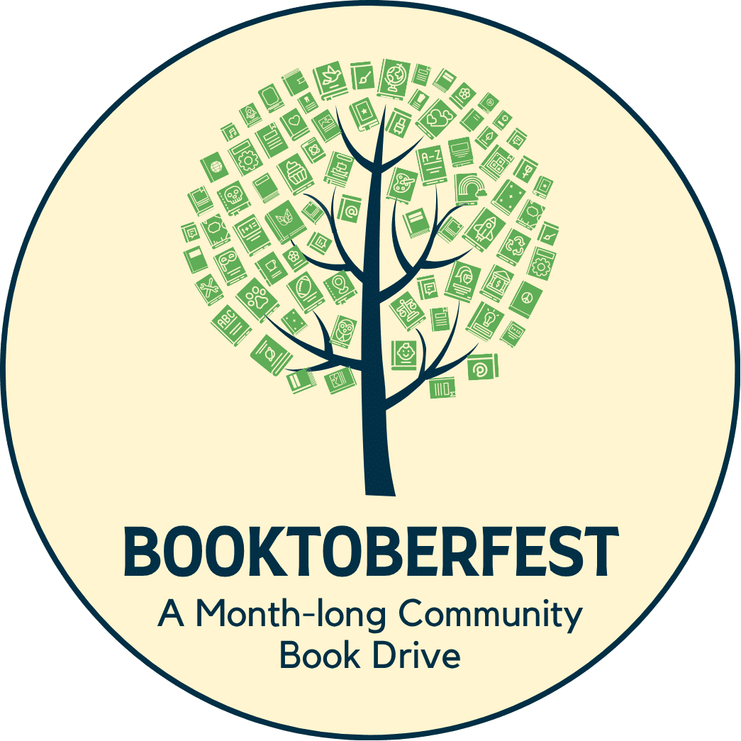 Logo of tree made up of green books with text: "Booktoberfest A Month-long Community Book Drive".