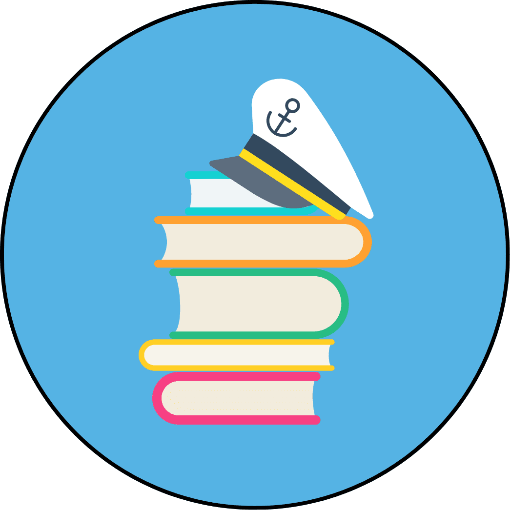 Icon of a stack of books with a captain's hat on top. 