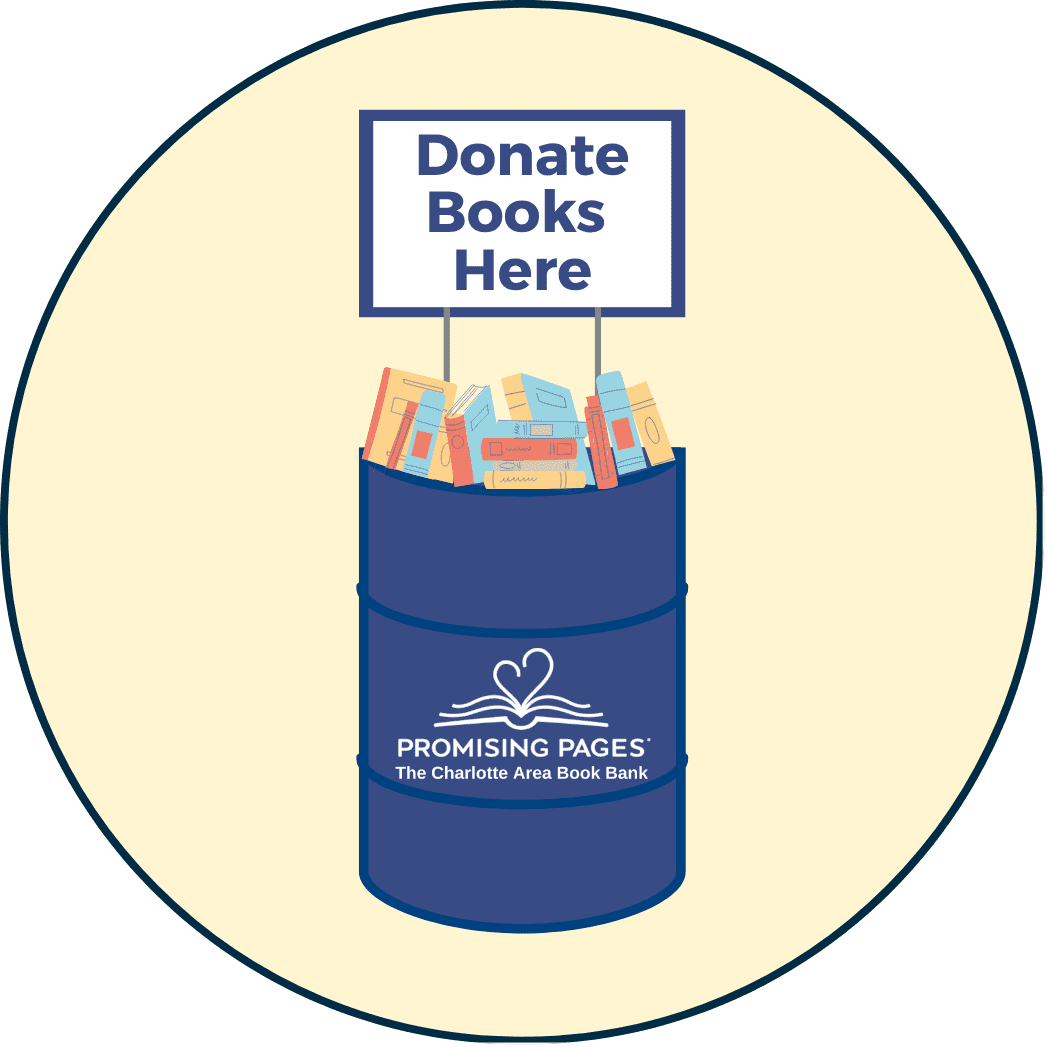 Icon of a barrel with the promising pages logo full of books with a sign on top that says "Donate Books Here". 