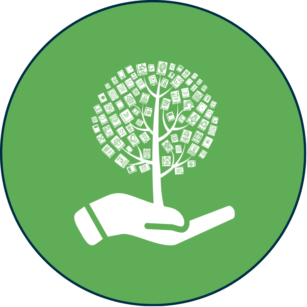Icon of an outstretched hand holding a tree made of books (the logo for Booktoberfest).