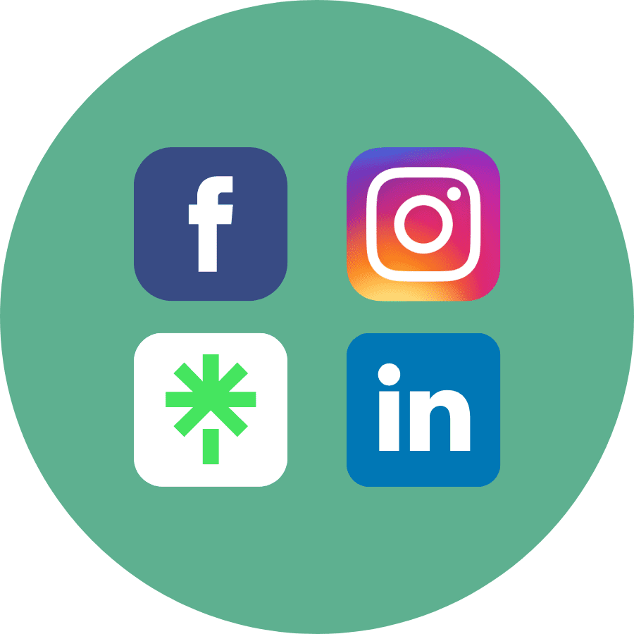 Icon with the Facebook logo, Instagram logo, Linktree logo, and Linkedin logo on a green background. 