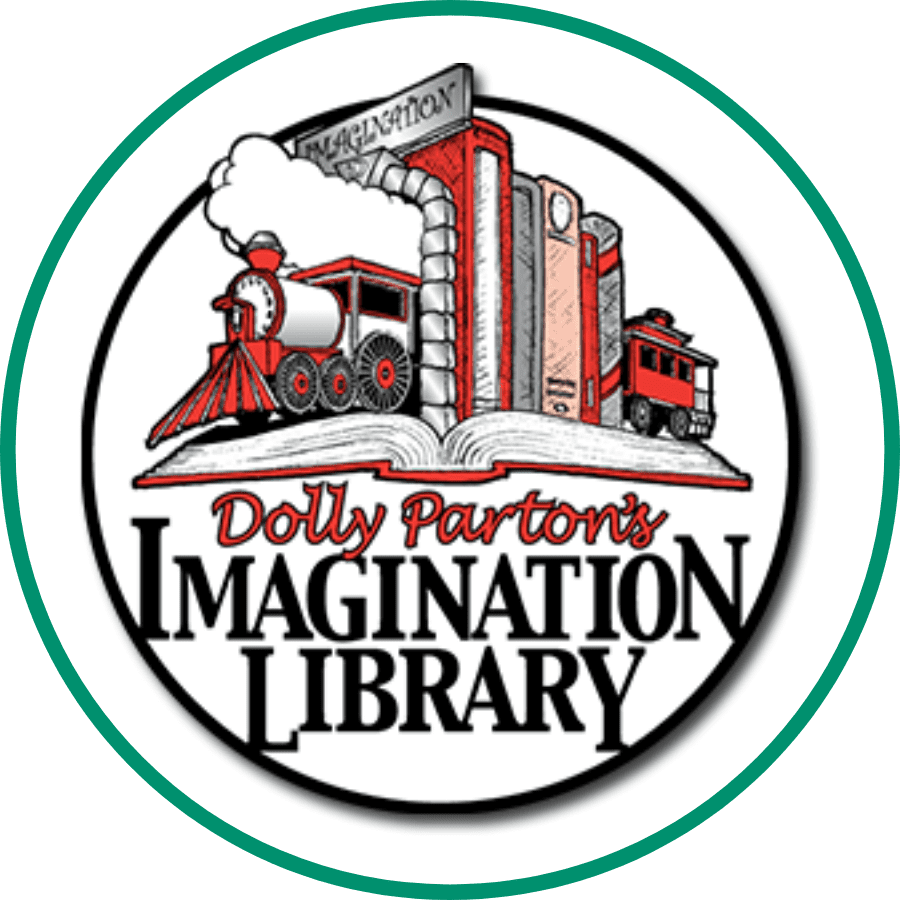 Dolly Parton's Imagination Library logo in a white circle with a green outline.