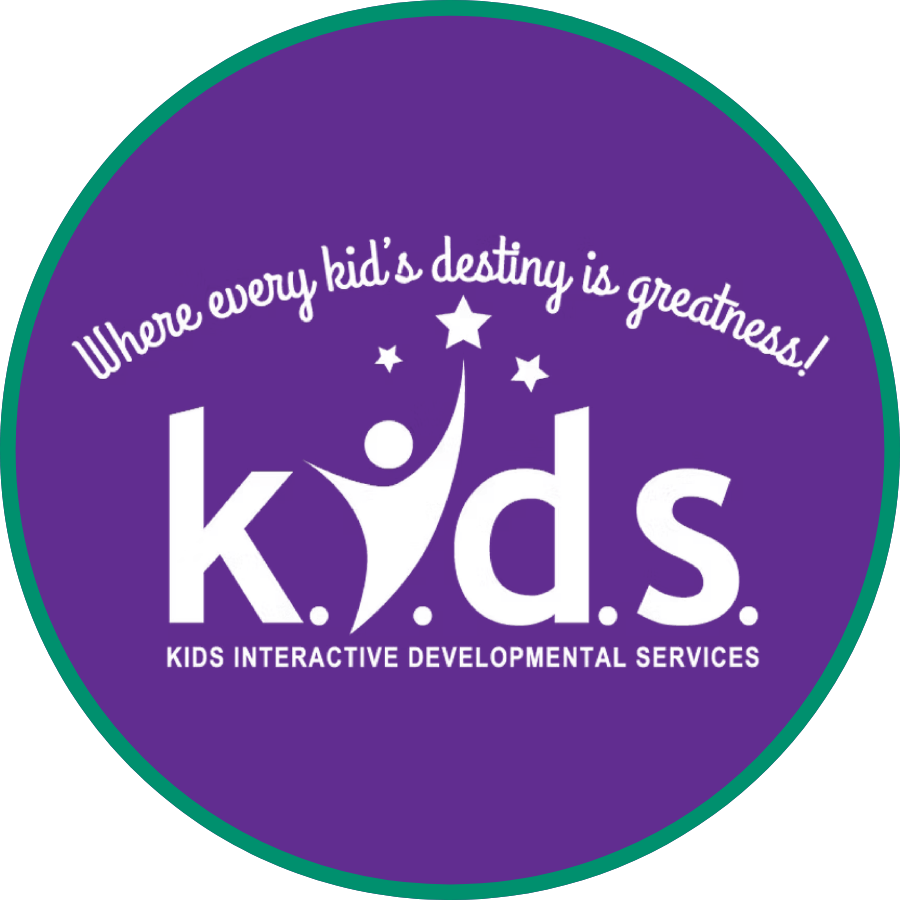 Kids Interactive Developmental Services logo in a circle with a purple background and green outline. 